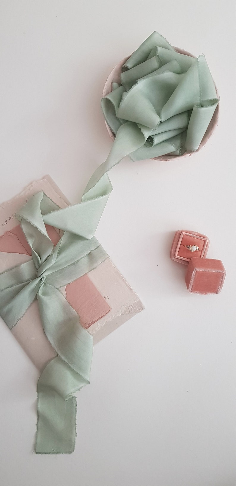 wooden spool moss green,invitation ribbon ROSEMARY habotai silk ribbon bridal bouquet hand-dyed ribbon wedding ribbon light green silk