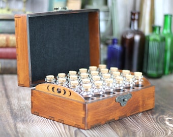 Wooden apothecary chest for 24 bottles for potions or essential oil storage box