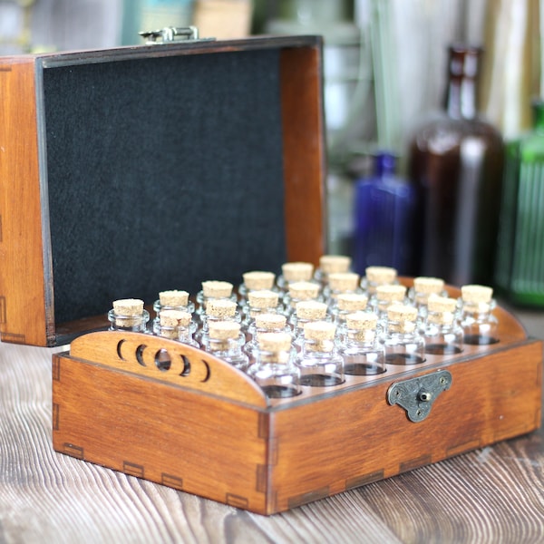 Wooden apothecary chest for 24 bottles for potions or essential oil storage box