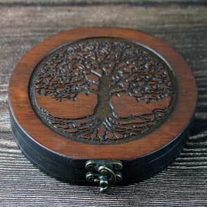 Tree of Life round Obsidian scrying mirror in custom engraved circular wooden case for spiritual divination, 10cm round