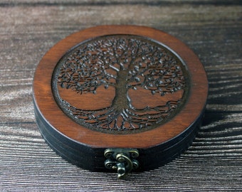 Tree of Life round Obsidian scrying mirror in custom engraved circular wooden case for spiritual divination, 10cm round