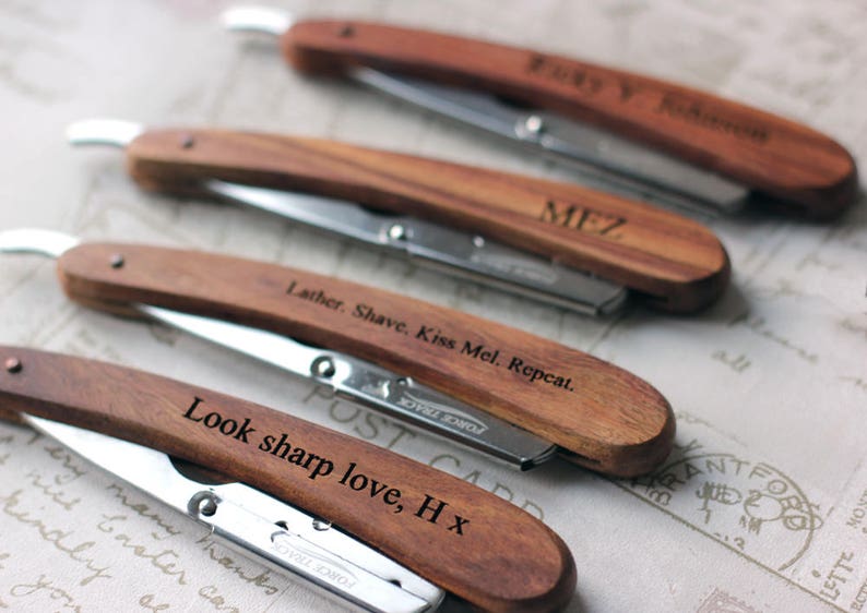 Wooden Personalised Straight Cut-throat Razor with disposable blades a thoughtful Valentines present or Anniversary gift. image 2