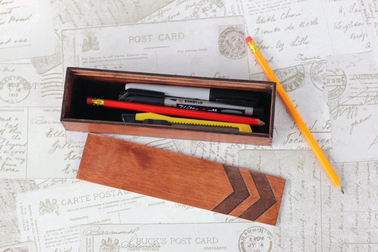 Personalised sliding wooden pencil case with pen and pencil Etsy