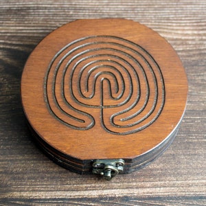 Labyrinth round obsidian scrying mirror in circular wooden case for spiritual divination,  maze engraving, 10cm round