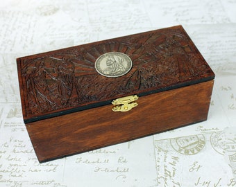Woodcut keepsake box with gothic skull coin design, dark academia pencil case
