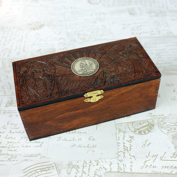Woodcut keepsake box with gothic skull coin design, dark academia pencil case