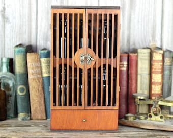 Slatted door wooden apothecary cabinet with drawer and 6 brown medicine poison bottles with glass stoppers