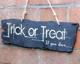 Large reversible wooden Halloween trick or treat sign, No Trick or Treat sign, engraved wooden trick or treat sign