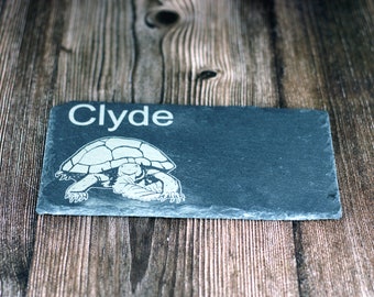 Rectangular personalised tortoise feeding slate or basking stone with happy tortoise picture