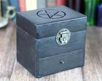 Pentagram black wooden apothecary chest with drawer for potions or essential oil storage box with 12 glass bottles, corks and labels