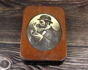 Engraved wooden snuff box holding six black tins, personalised pill storage, vintage design stash case