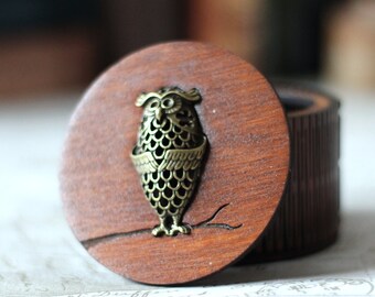 Owl Charm Design Personalised wooden keepsake box with living hinge side, gothic jewellery box, Victorian style custom trinket