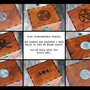 May include: A collection of wooden boxes with various designs, including a skull and crossbones, a pentagram, and a triskele. Some boxes feature coins. The text on the image reads: "SOME CUSTOMISATION OPTIONS. THE DESIGNS ARE ENGRAVED & THEN FILLED TO GIVE AN INLAID EFFECT. LET ME KNOW WHAT YOU WOULD LIKE..."