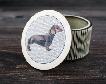 Small Dachshund trinket box for keepsakes and jewellery, with a sausage dog or wiener dog fabric lid, doxie gift