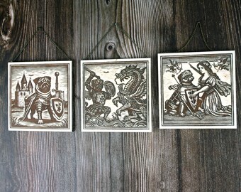 Pug Hanging Medieval Woodcut Style Engravings 11 cm x 11 cm, Set of Three, Personalisation Available, Dog Wall Art, Pug Lover Gift Idea's