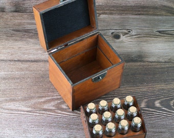 Apothecary chest with lift out tray for potions or essential oil storage box with 12 glass bottles, cork stoppers and labels, chemist box