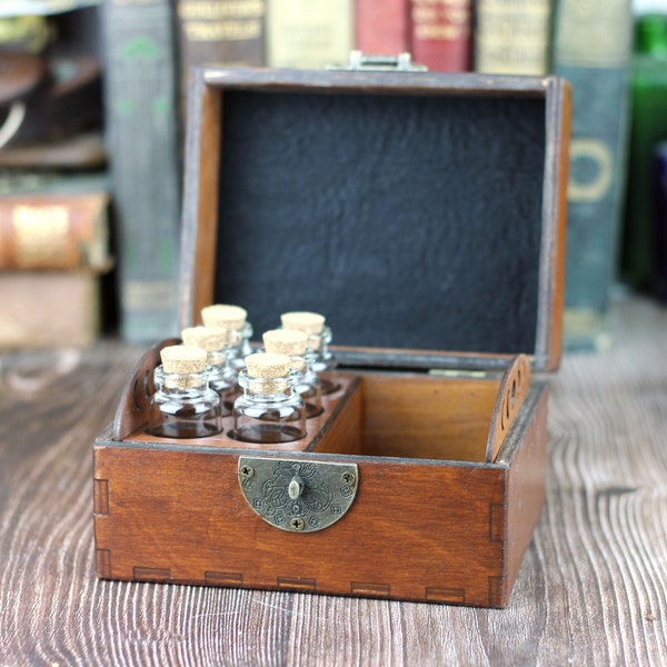 Half and half wooden apothecary chest for potions or essential oil storage box with 6 glass bottles, cork stoppers and labels