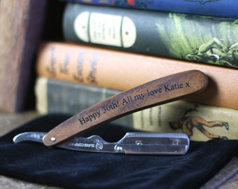 Wooden Personalised Straight Cut-throat Razor with disposable blades a thoughtful Valentines present or Anniversary gift.