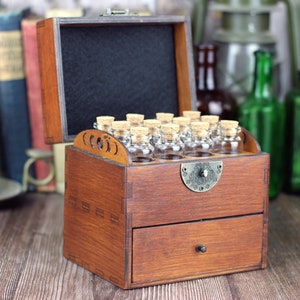 Wooden apothecary chest with drawer for potions or essential oil storage box with 12 glass bottles, cork stoppers and labels, handmade by me