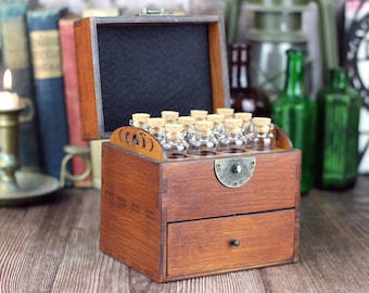 Wooden apothecary chest with drawer for potions or essential oil storage box with 12 glass bottles, cork stoppers and labels, handmade by me