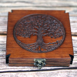 Obsidian scrying mirror with Tree of Life engraved wooden holder for spiritual divination, 10cm round