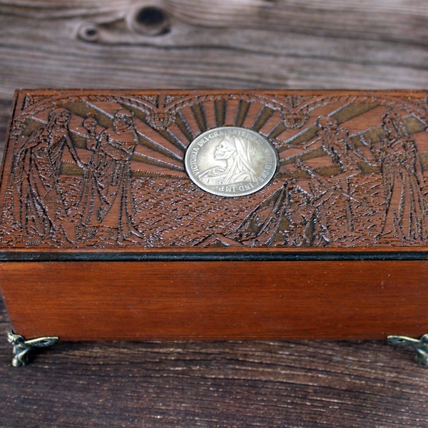 Fancy woodcut trinket box with skull coin design and ornate feet, keepsake box, dark academia pencil case, trinket or jewellery chest