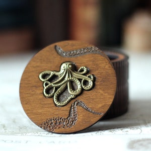 Kraken Charm Design Personalised wooden keepsake box with living hinge side, a gothic jewellery box, Victorian style custom wood trinket