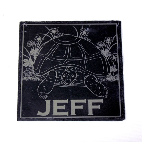 Personalised tortoise feeding slate or basking stone with stern tortoise picture