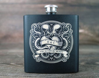 Personalised Kraken Hipflask for Valentine or Anniversary Present, Octopus Gift for Lovers