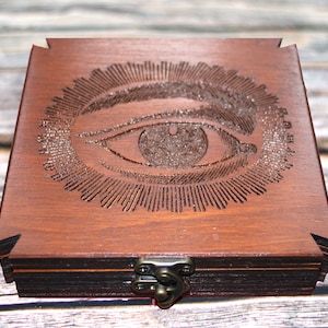 Seeing Eye 10cm round obsidian scrying mirror in engraved wooden holder for spiritual divination