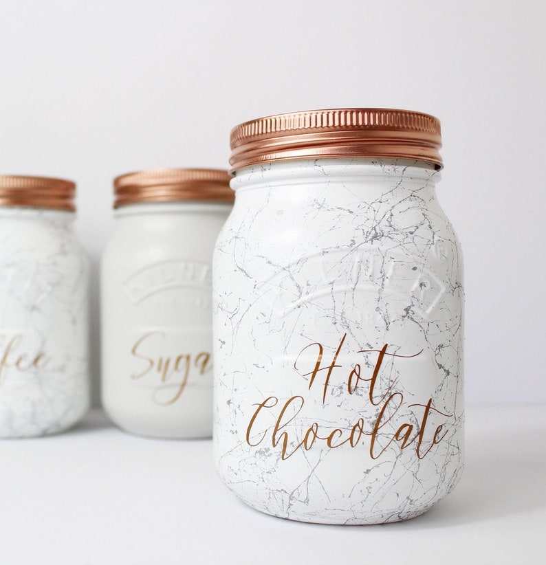 Hot Chocolate Kilner Jar Tea Coffee Sugar Canisters Kitchen Storage Marble Copper Decor Food