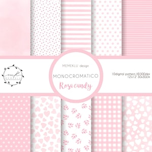 Può includere: Una collezione di dieci modelli digitali nei toni del rosa e del bianco. I modelli includono pois, strisce, cuori e un motivo a quadretti. L'immagine presenta anche il testo "MEMEKL design MONOCROMATICO Rosa candy 10digital pattern HD300dpi 12x12 30x30cm".
