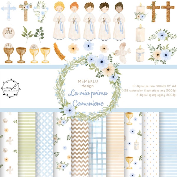 Watercolor First Communion Clipart, Watercolor Clipart First Communion for Boys, religion, floral, Rosary, Cross, pattern first communion