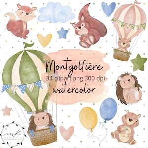 HOT AIR BALLOON Watercolor Clipart, Kids Clipart, Nursery Decor, Baby boy, baby Gil, baby shoer, Kids Art, Nursery Art, cute animals