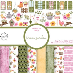 GARDEN DIGITAL PATTERN, digital pattern, butterfly pattern, garden illustration , butterfly clipart, flower clipart, watercolor illustration