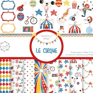 CIRCUS WATERCOLOR Clipart, Circus party tent, Colorfull nursery decoration, little clown, ovely Circus Watercolor Clip Arts, label circus