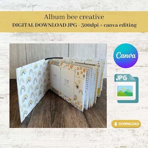 Può includere: Un album aperto con pagine gialle e bianche con un motivo arcobaleno sulla copertina. L'album è disponibile per il download digitale e può essere modificato in Canva. L'immagine include il testo "Album bee creative" e "DIGITAL DOWNLOAD JPG - 300dpi + canva editing".