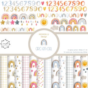 Può includere: Un set di 12 motivi digitali e 74 illustrazioni ad acquerello con arcobaleni, cuori, stelle, nuvole, gocce di pioggia e un sole. I motivi sono su uno sfondo bianco con vari colori, tra cui giallo, arancione, rosso, rosa, blu e grigio. Le illustrazioni sono su uno sfondo bianco con vari colori, tra cui giallo, arancione, rosso, rosa, blu e grigio. Il testo "ARC-en-Ciel" è al centro dell'immagine.