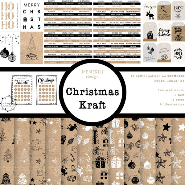 DOODLES CHRISTMAS, digital pattern, seamless, Christmas tag, Scrapbooking Paper, Christmas quote,  clipart digital paper Kraft, digital card