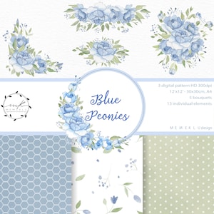 BLUE WATERCOLOR florals clipart ,Frames Borders Round, peonie, Wedding Arrangements Clip Art, digital pattern, PNG transparent background