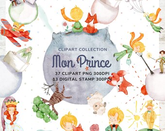 LITTLE PRINCE Digital illustration, watercolor illustration, clip art watercolor, , Kids Party Themed Prince, PNG Instant dowload prince