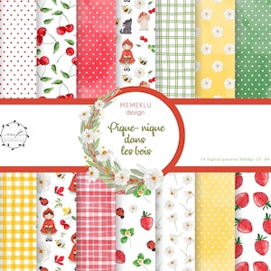 LITTLE RED RIDING hood Digital Papers, Little red riding hood Pattern, polka dots pattern, picnic, strawberry pattern, daisy flowers pattern