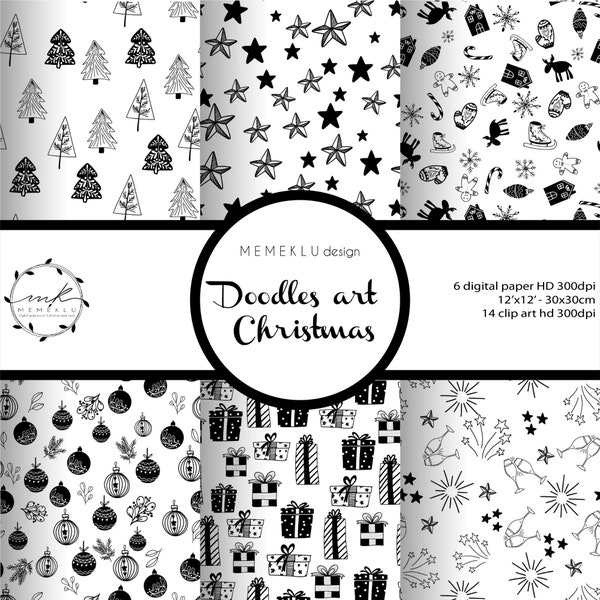 DOODLES CHRISTMAS, digital pattern, seamless, black and white, Scrapbooking Paper, Snowflake, Star, Gift Box, Christmas tree, clipart, gift