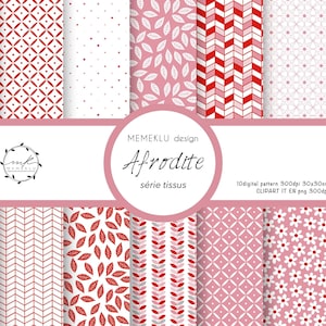 Può includere: Un set di 10 motivi digitali con disegni geometrici e floreali in rosso, bianco e rosa. I motivi sono di 30x30 cm e 300 dpi. I motivi sono etichettati come "Afrodite série tissus" e "MEMEKLU design".