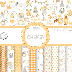 Oh Baby , digital paper, digital pattern, baby, nursery printable, baby shower images, Birth announcement clip art, seamless patten, yellow