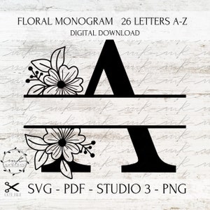 ARCHIVO de corte de letra de monograma, Archivo de corte digital, alfabeto de flores svg, Descargar, alfabeto, Archivos de corte de alfabeto, Monograma dividido de flores