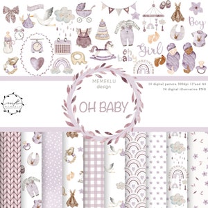 Oh Baby , digital paper, digital pattern, baby, nursery printable, baby shower images,Birth announcement clip art, seamless patten