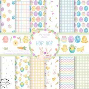 EASTER BUNNY seamless digital papers, Pastel easter clipart, Watercolor patterns, Digital paper, Plaid Paper, easter watercolor, chick