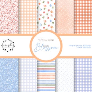 Può includere: Un foglio di modelli digitali con dieci diversi design. I modelli includono motivi floreali, a quadretti, a pois e a righe nei toni del pesca, arancione, blu e bianco. È visibile anche il testo "MEMEKL design" e "Blossom".