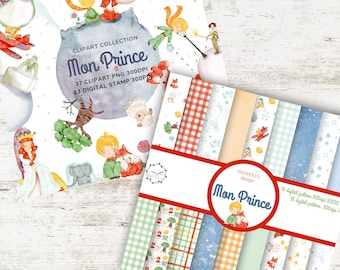 LITTLE PRINCE Digital illustration, digital pattern seamless, clip art watercolor, , Kids Party Themed Prince, Digital paper pack prince